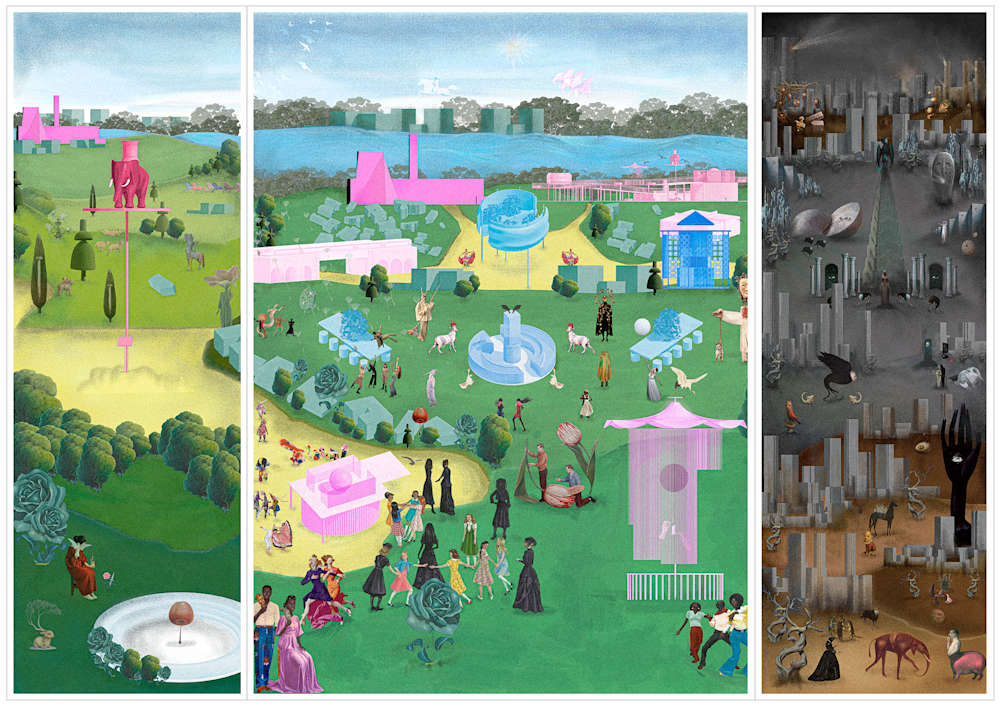 Tryptich painting showing a surreal green and pink landscape with tiny figures