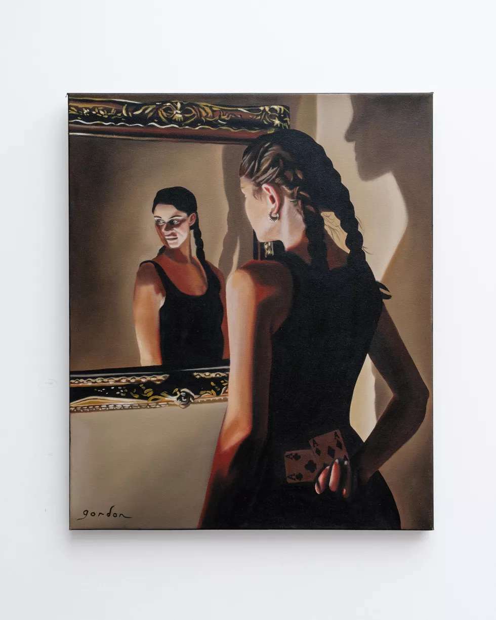A painting representing a girl on a mirror hiding playing cards behind her back 