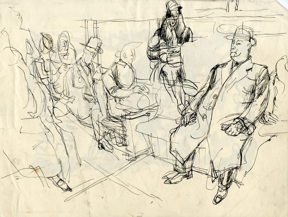 A sketch of people on a bus