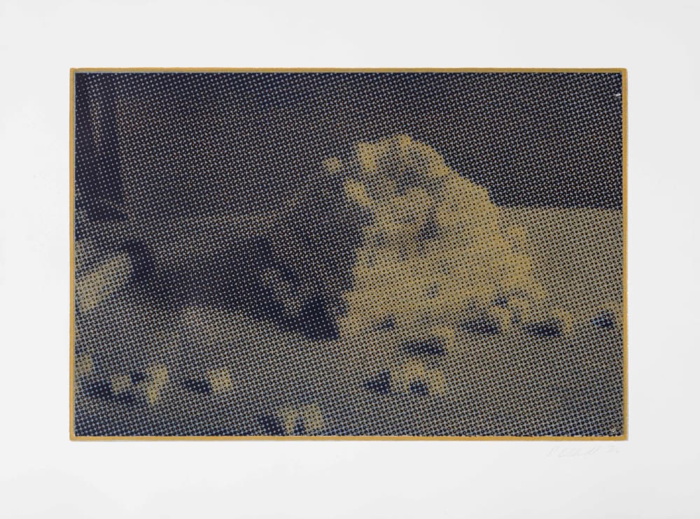 A print in yellow and black of a collapsing pyramid.