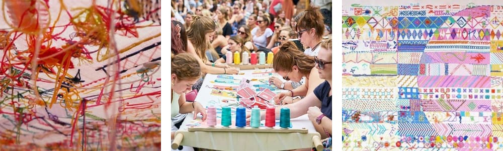 Three images - a shot of the back of a piece of fabric that has been stitched showing the various colourful threads. A group of women sitting around a large piece of fabric and stitching. A example of finished work - multicolored patterns and shapes.