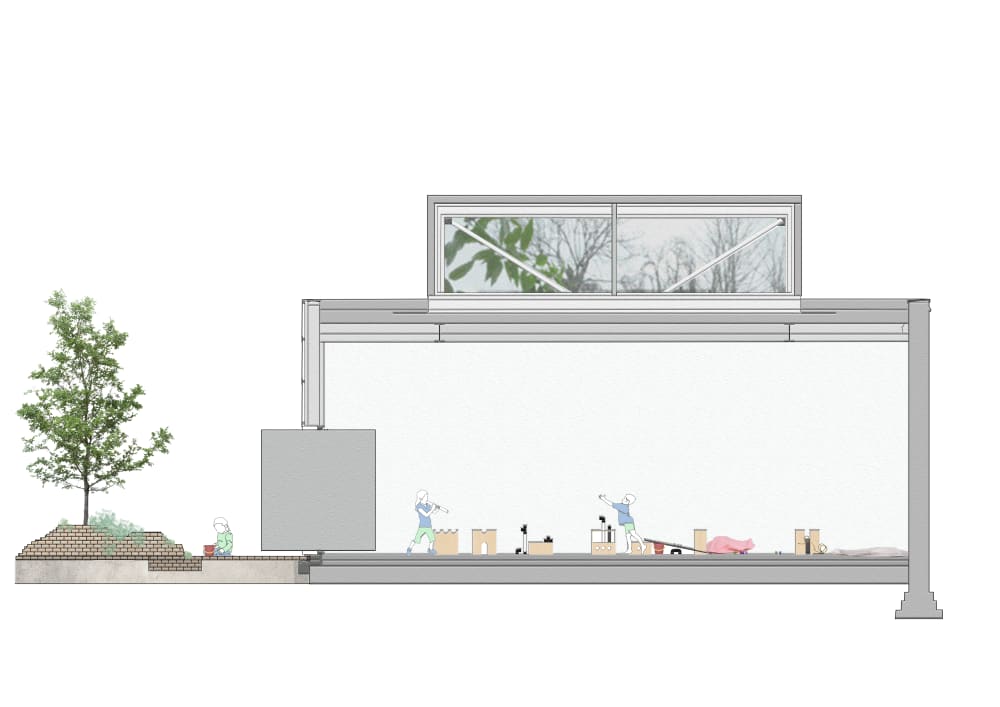 Digital rendering of a cross-section of a room with a tree outside. In the room are small objects, furniture and people.