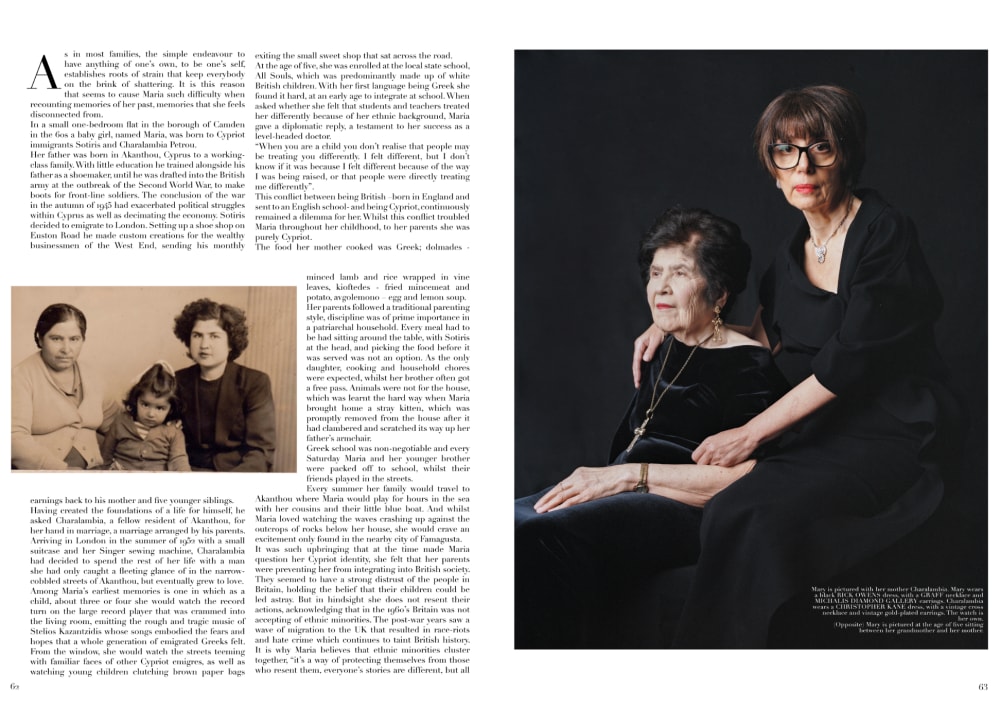 magazine spread, left side text surrounding small sepia photo of two women and a young girl, right side photo of two older women in black garments against a black backdrop