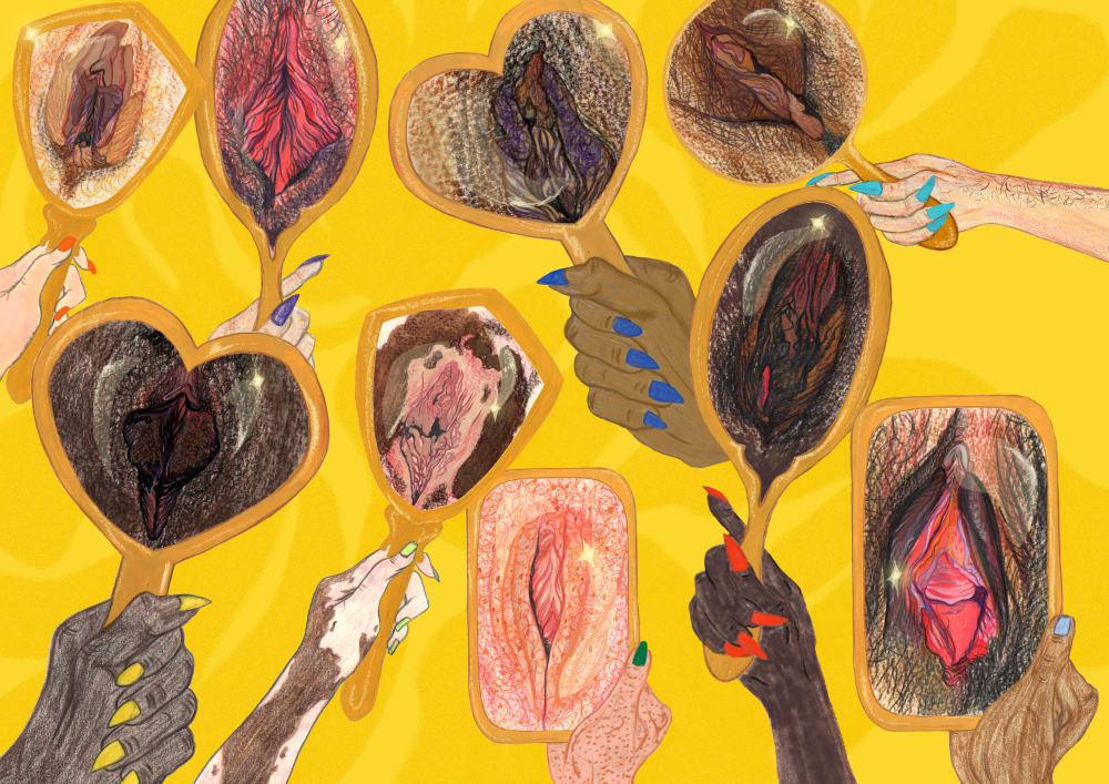 Pencil illustrations of nine vulvas shown in handheld mirrors