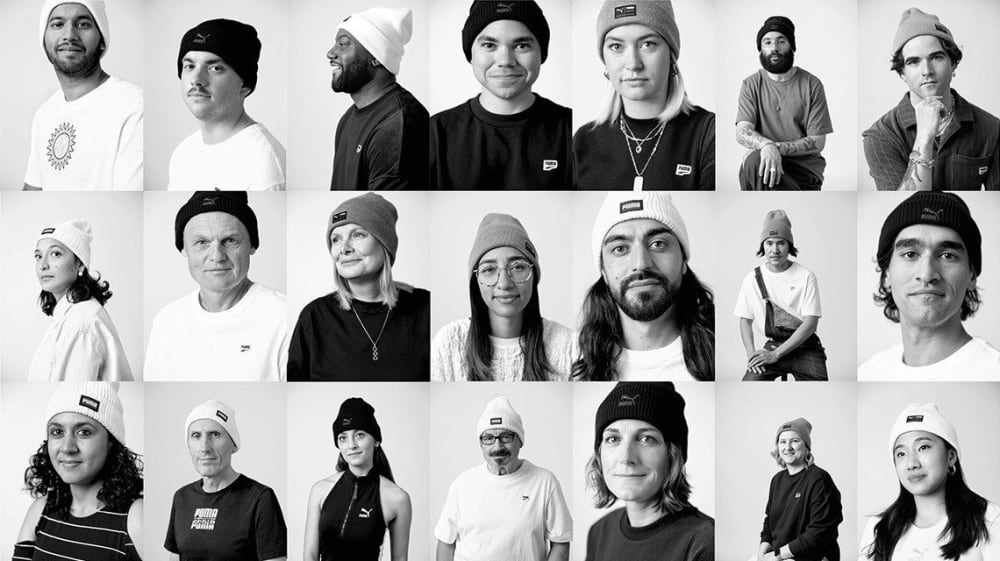 Campaign photo from Puma, showing a grid of lots of fasces all wearing different beanie hats.