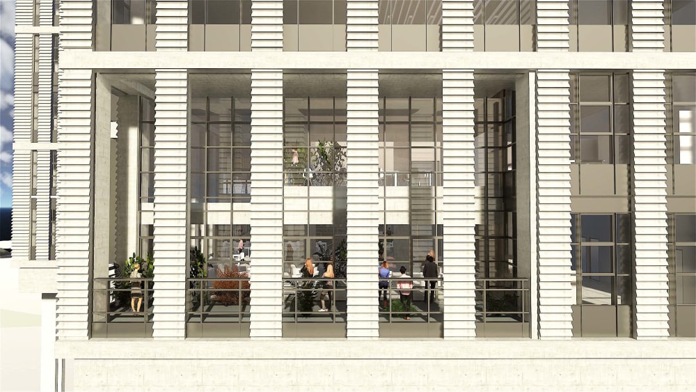 CGI render - a view of an outside terrace at East Bank. Allies and Morrison. 