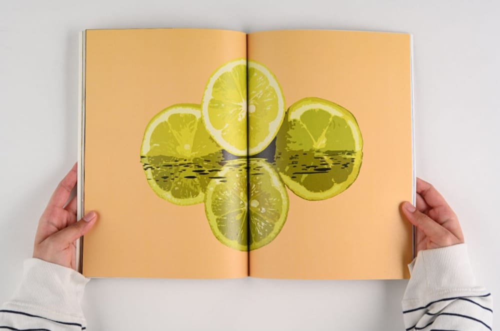 Image of a book spread covered in citrus print.