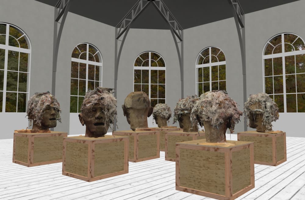A virtual salon with arch windows and low wooden pedestals with sculptural digital heads.