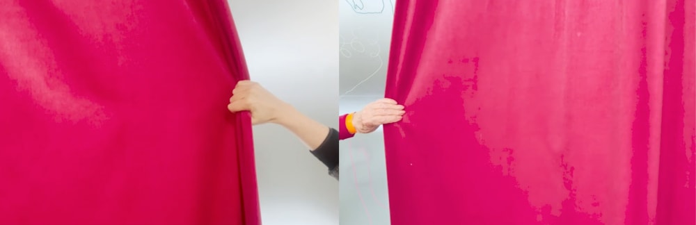 Two images side by side of a pink/red curtain with hands pulling and digital marks