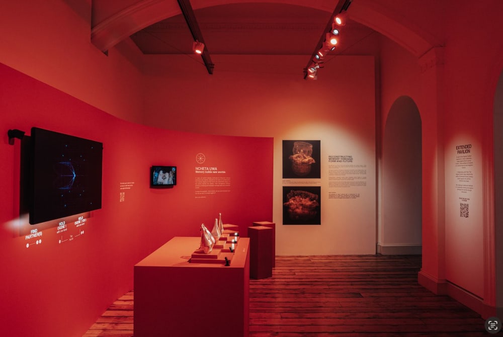 Picture of the Nigeria Pavilion - red room with text and objects on display