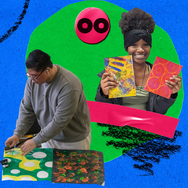 Cut outs featuring 2 different students. 1 is working on some surface design prints. The other is holding 2 books to the camera covered in a surface design print she's made. 