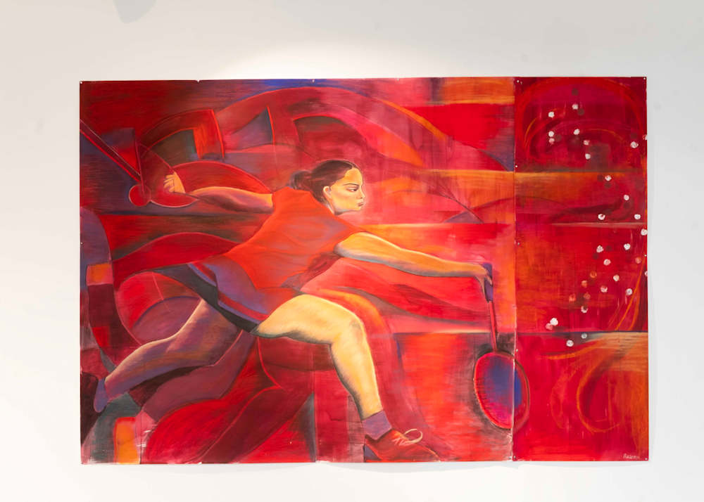 Artwork of an athlete in motion playing badminton by Helena Samarasinghe, A place for wholeness, 2026, ink, soft pastel and charcoal, 152 x 226 cm  Photo by Sutirtha Chatterjee 