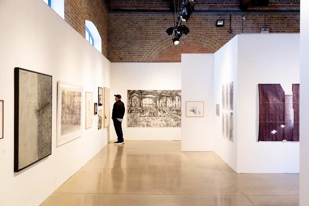 Shortlisted works on display at the Trinity Buoy Wharf Drawing Prize exhibition 2026