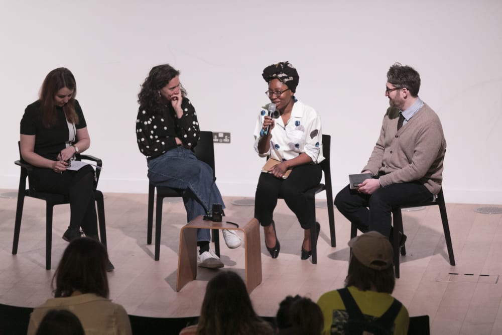 Dan Byrne-Smith chairs the panel with (left to right) Amy Butt, Mariana Pestana and Florence Okoye, at the Museum Engagement as Speculative Design Symposium (15 March 2019, Camberwell College of Arts).