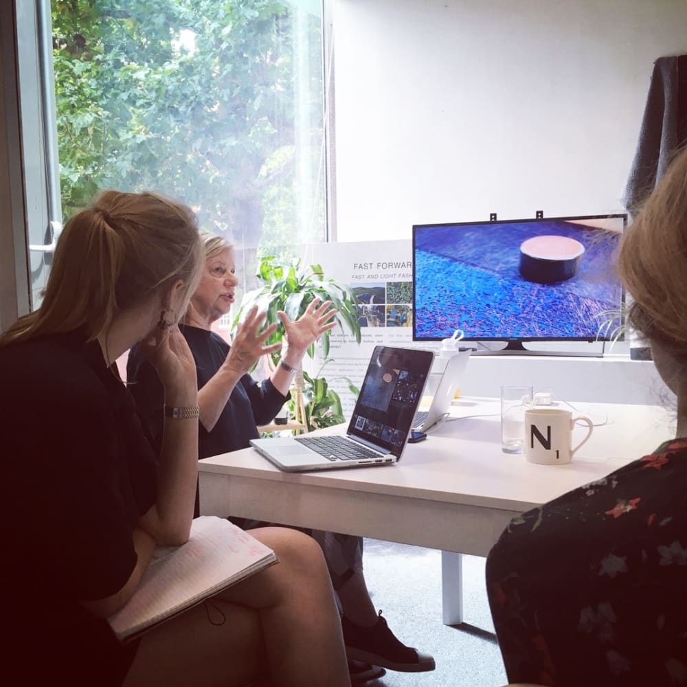 ooder woman giving a talk at a table to small audience