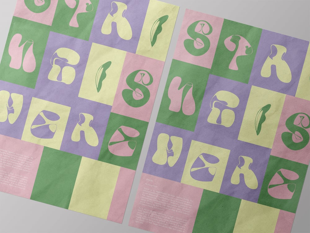 Full alphabet in pink, green, purple and yellow