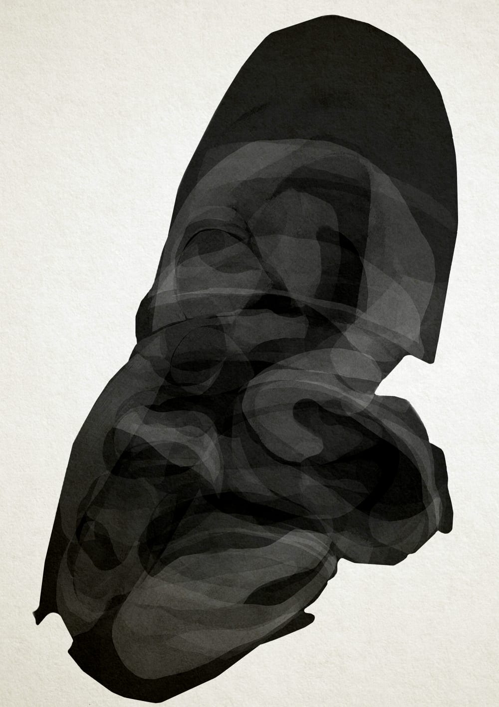 white paper with large painted black abstract shape