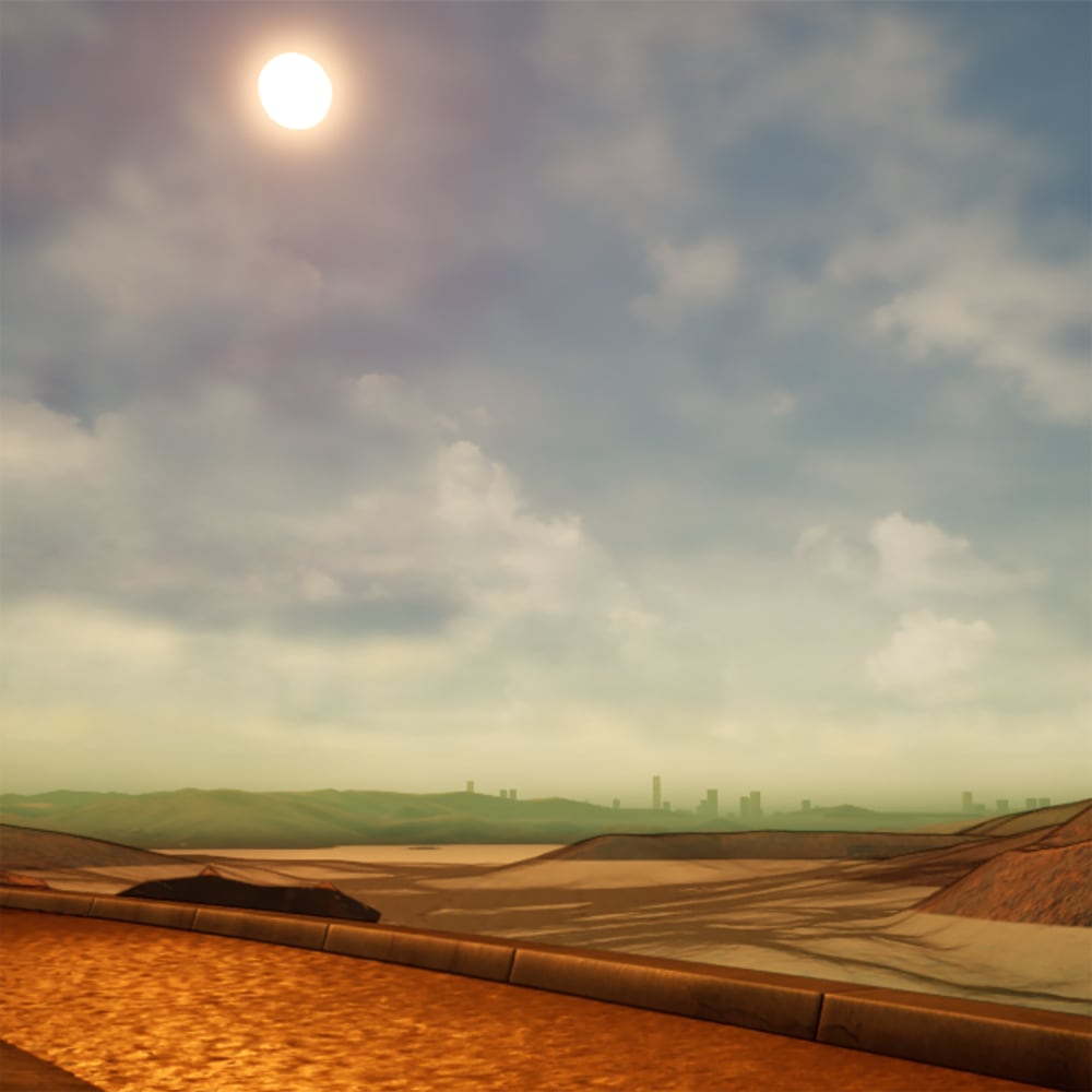 The image is of a valley, in the distance you can see Ultown surrounded by a smog, in the foreground the valley is dry with lots of sand with the sun beaming down through an overcast sky.