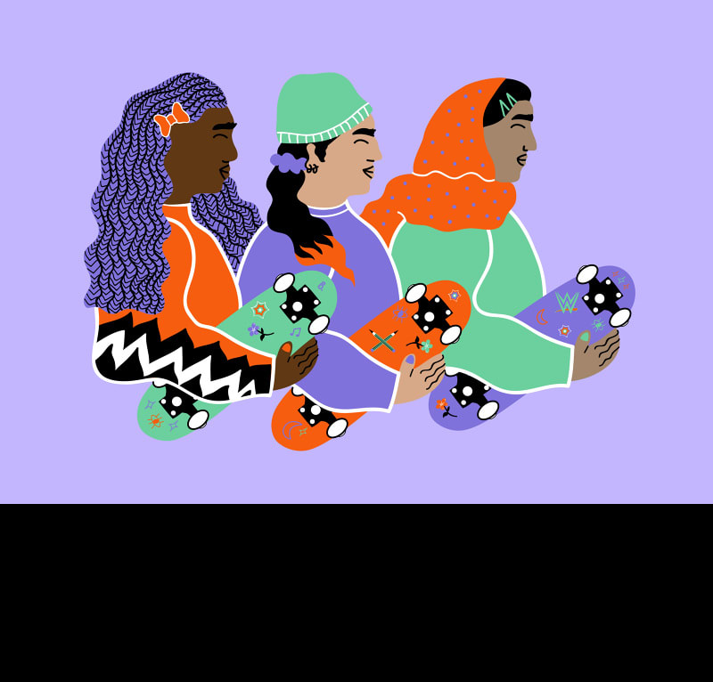 Colourful illustration of women of colour on a lilac background.