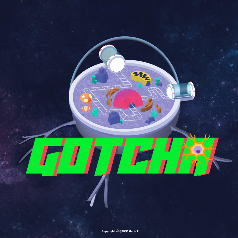 an illustration of a game with the word GOTCHA in green in the centre of the image