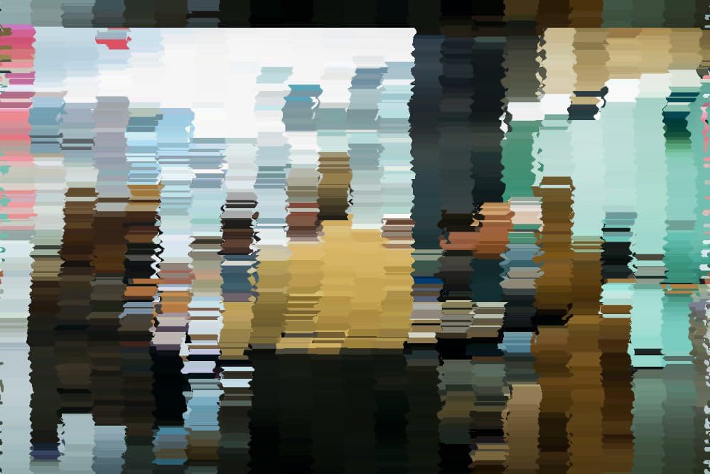 A glitched image of people sitting around a desk 
