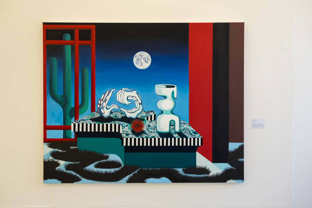 Abstract painting with a cactus, moon in the background