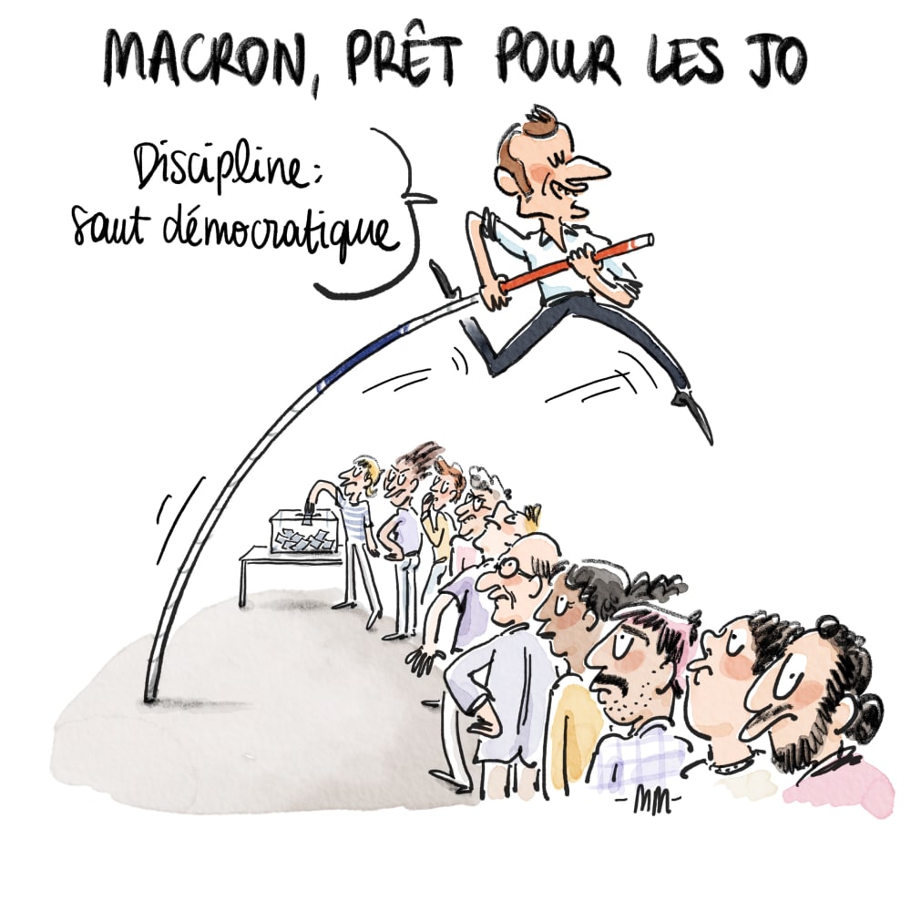 Macron pole vaulting over a line of people queuing to vote at a ballot box, with a speech bubble: Discipline: saut democratique (translation: Discipline: democratic leap). Across the top it says 'Macron, pret pour les jo' (translation: Macron, ready for the Olympics). 