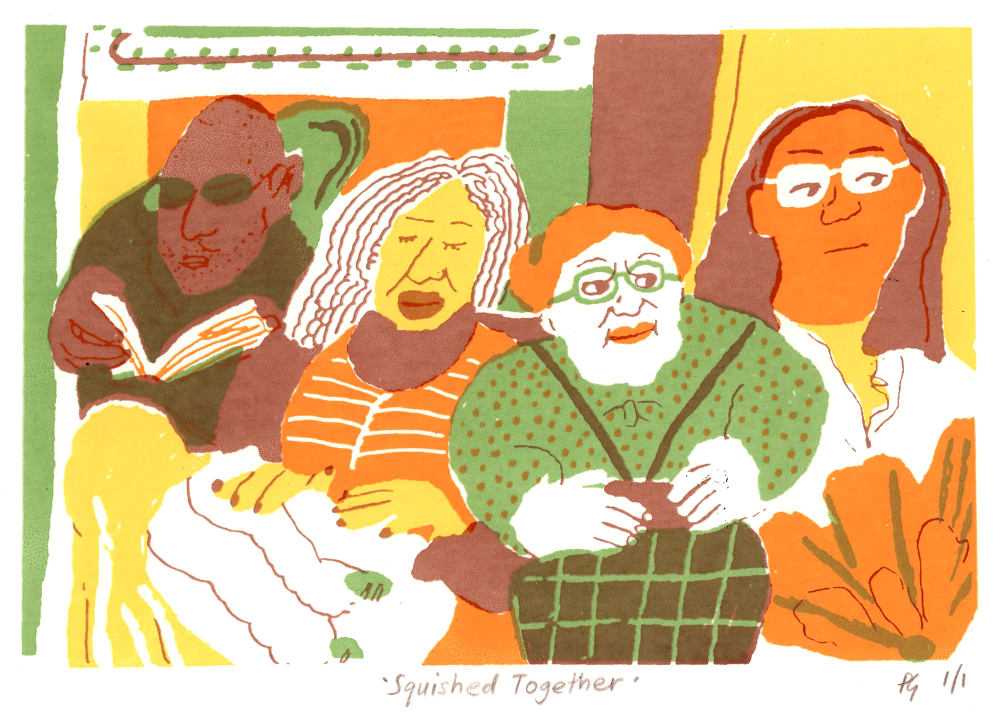 Screen printing of 4 people seated in the tube