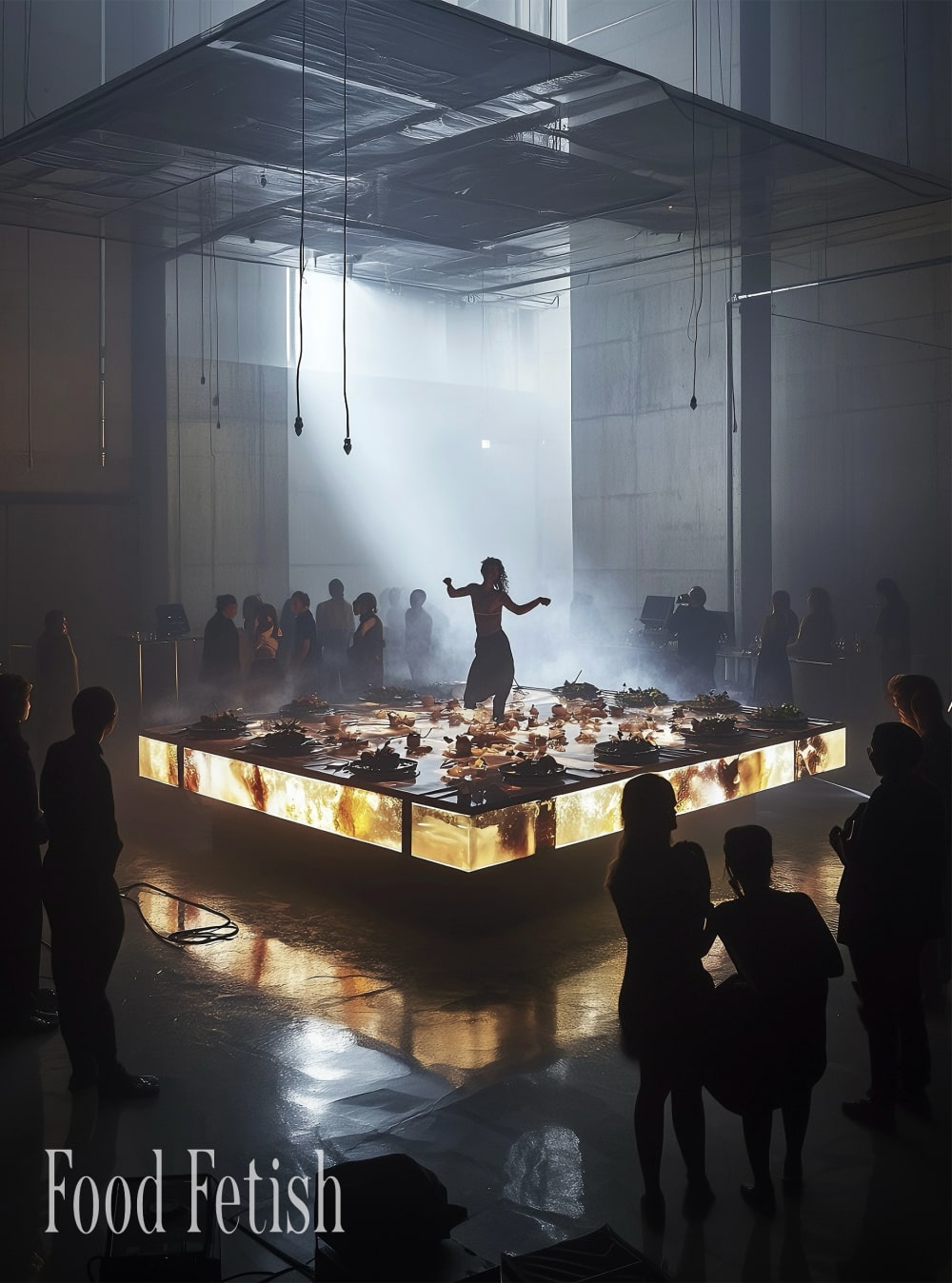 A table filled with food at an event, with a person standing on top of the table. 