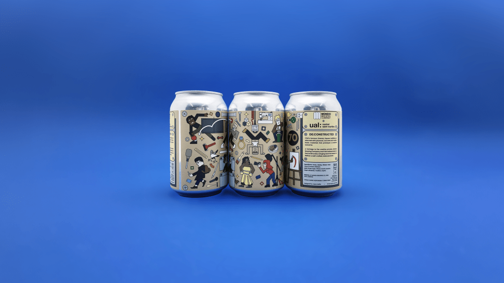 Three custom designed beer cans showing the entire label wrap for CSM Beer 2025. It contains many illustrations relating to campus life at CSM.