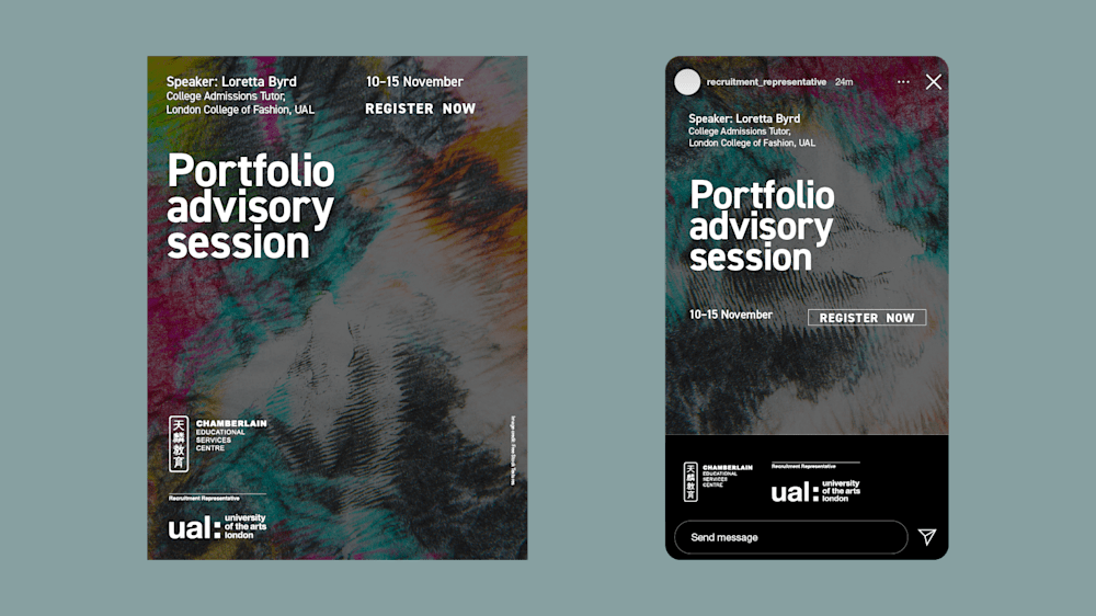 Colourful abstract promotional graphic and Instagram story layout advertising a “Portfolio advisory session” with a “Register now” call-to-action alongside University of the Arts London and Chamberlain Educational Services Centre branding.