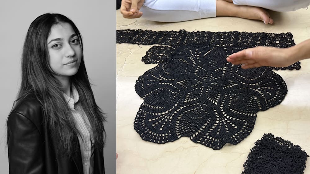 Left image a black and white picture of a lady with black hair, a black blazer and a shirt. Right image a black crochet hand-knitted pattern laying on a table.