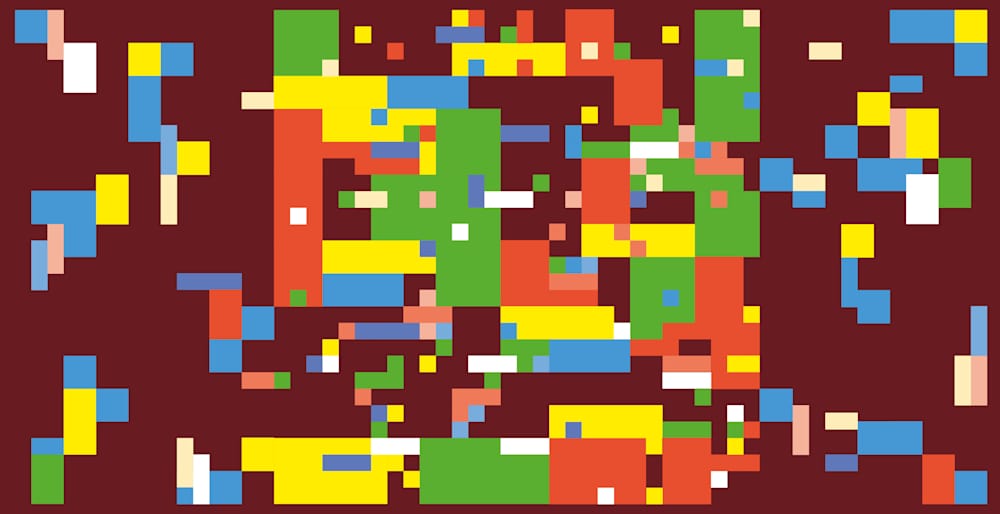An abstract geometric composition with many rectangular and square blocks of colour on a burgundy background.