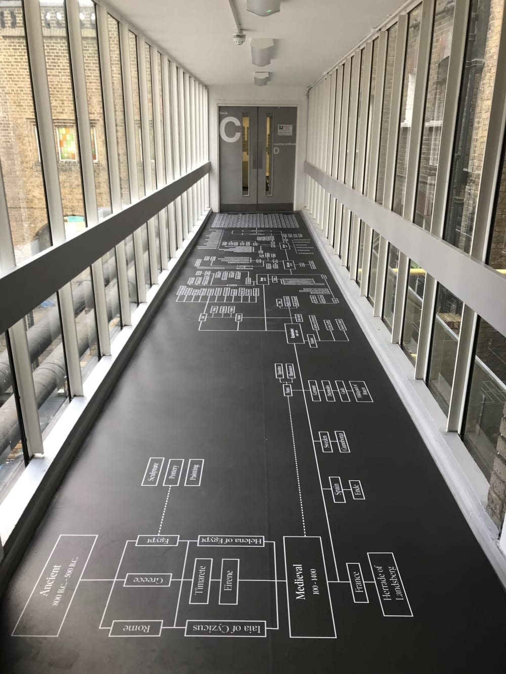 A corridor with glass windows on each side and a door at the end. The work is a floor piece: a black and white graphic diagram in the style of a family tree showing women artists and their relationships to each other through movements in art.