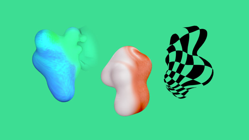 abstract render of three amorphous shapes, first is blue, second is cream and pink, and the final is checkered black. all against a green background