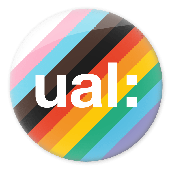 badge with Pride flag colours and UAL written on it.