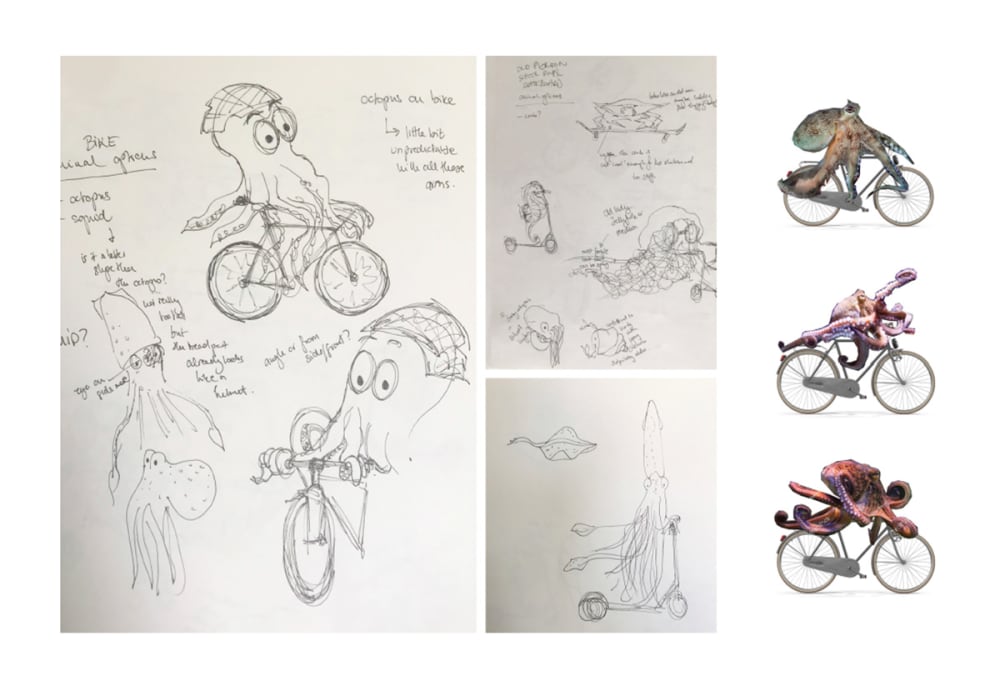 Concept sketches of an octopus riding a bike.