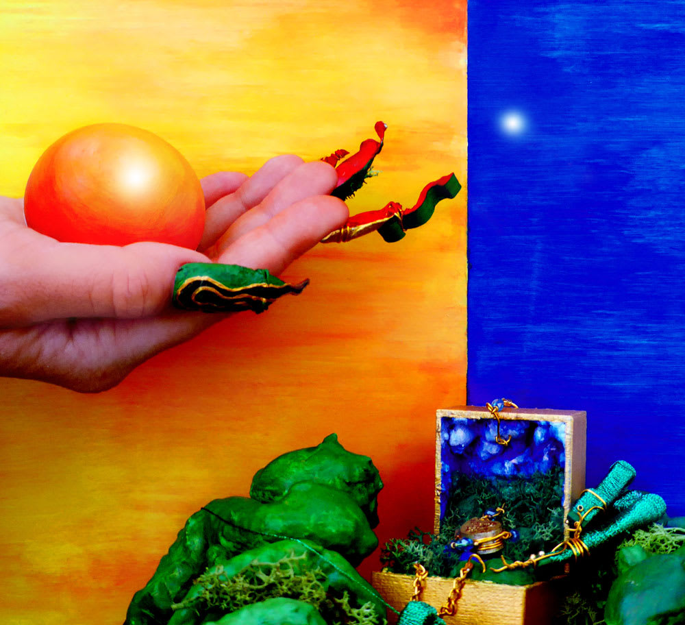 Mixed media image in orange, blue and green; including hand with false nails