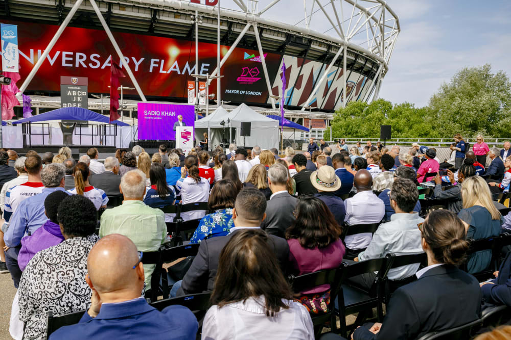 Mayor of London Sadiq Khan joined Londoners in igniting an “anniversary legacy flame on the Queen Elizabeth Olympic Park. Image by London Legacy Development Corporation.