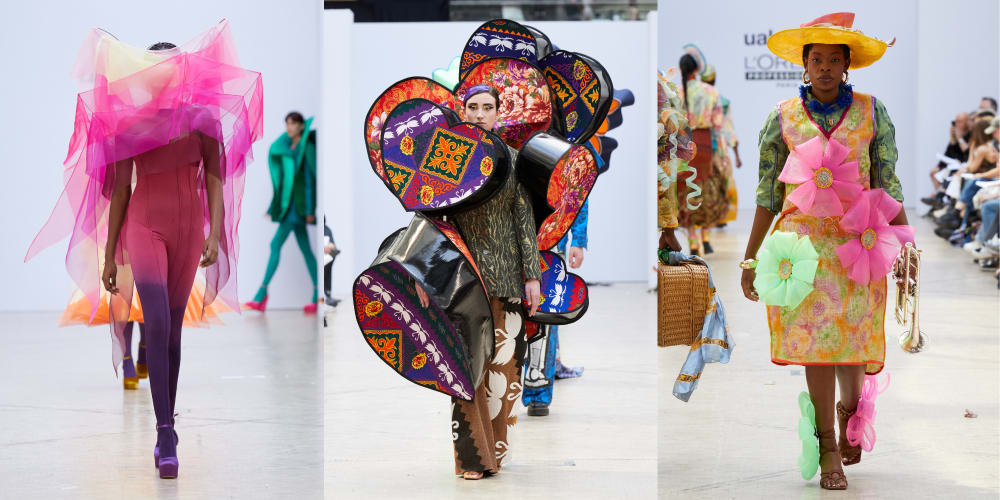 A trip of shots of models in colourful sculptural garments and different fabrics and textures on the catwalk