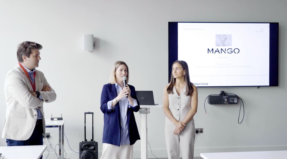 Mango team (L-R): Andrés Fernández - Sustainability and Sourcing Director, Head of Marketing Strategy - Elena Marcen Algiles and Global Employer Branding Specialist - Ainhoa Redondo Asensio. Still taken from a video by Orlando Collegaro.