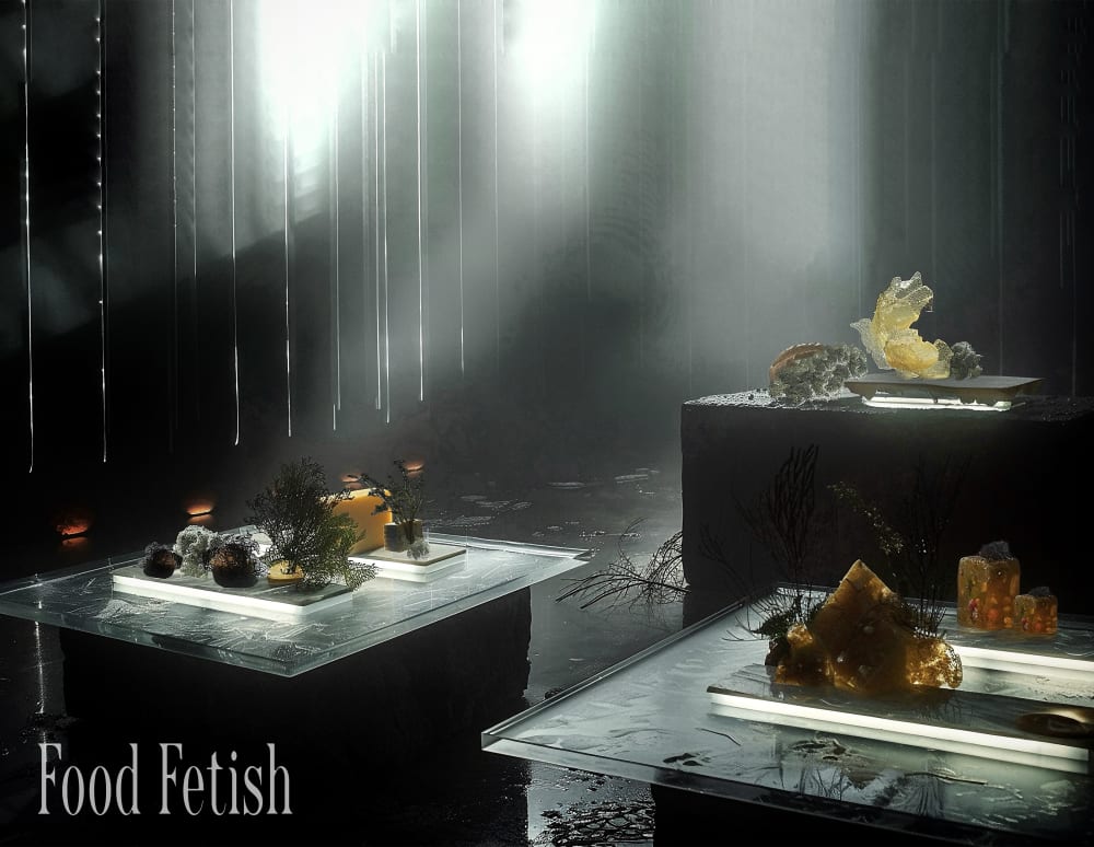 Example of food being displayed at an event, on podiums around the space