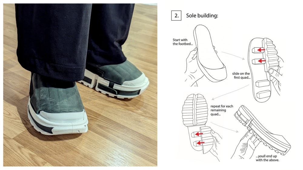 Alt text: A person stands on a wooden floor wearing modular shoes with detachable soles. To the right, a diagram shows how to assemble the sole with labeled steps.