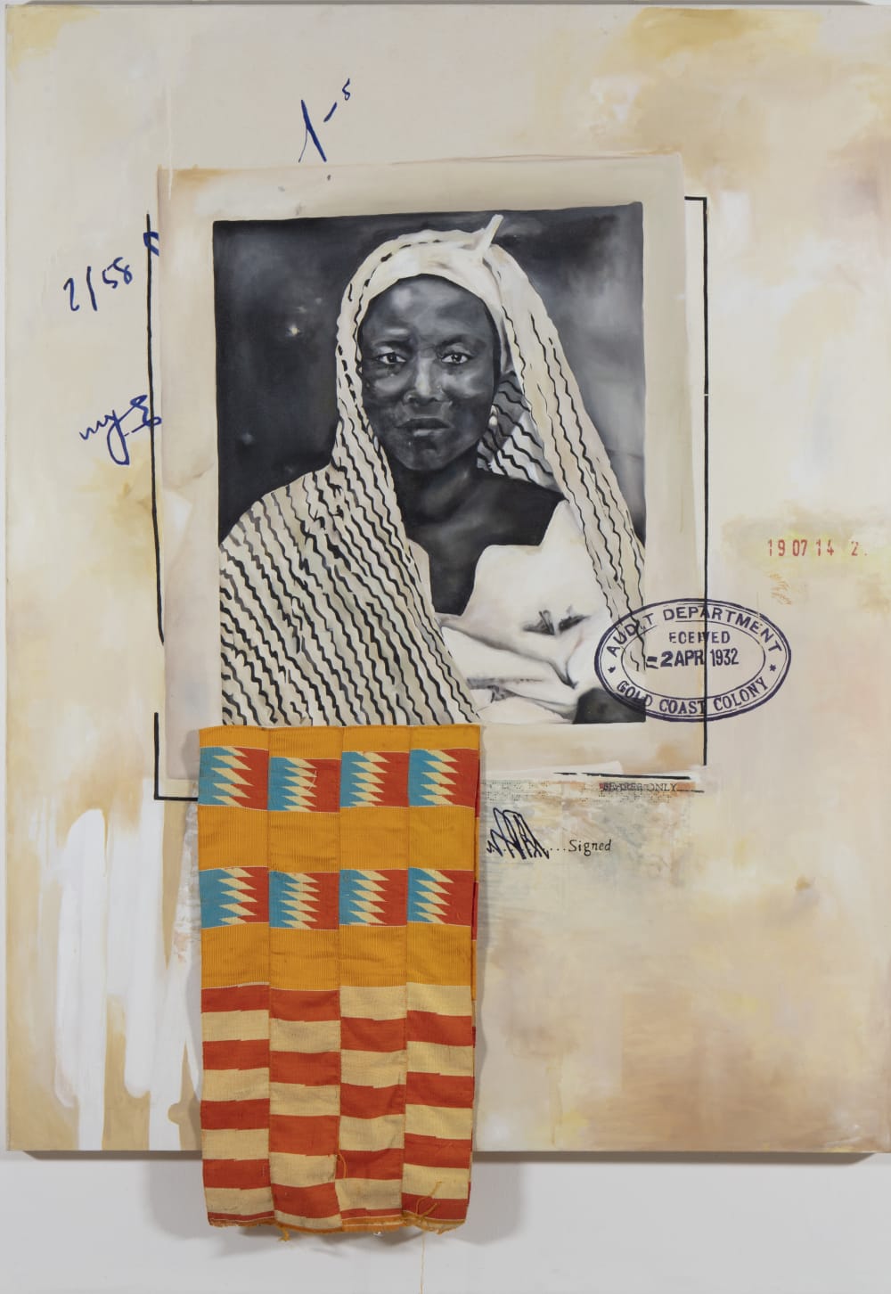 Annie-Marie Akpene Akussah, 'Women on the Move'. Oil paint, silkscreen print, transfer and Kente cloth on canvas (2018)