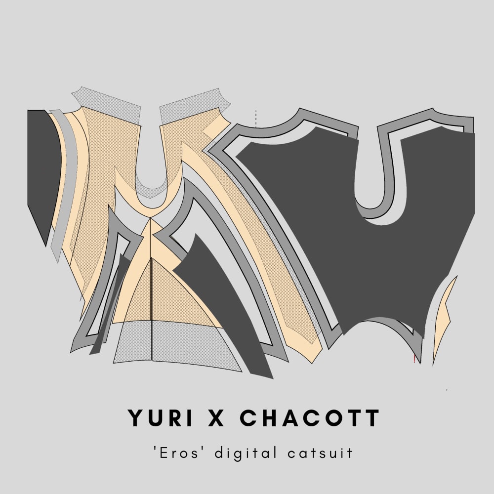 A digital rendition of a pattern with the words 'Yuri x Charcott, 'eros' digital catsuit' underneath