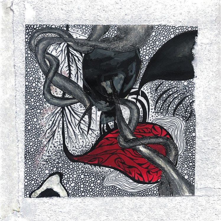 A grey and black design to reflect dreams. In the centre there is a read tear drop shape surround by black and grey swirls, lines and circles