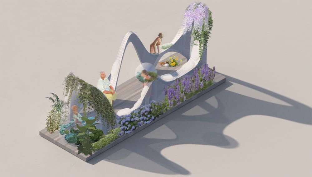 An illustration of figures sitting on a garden bench.