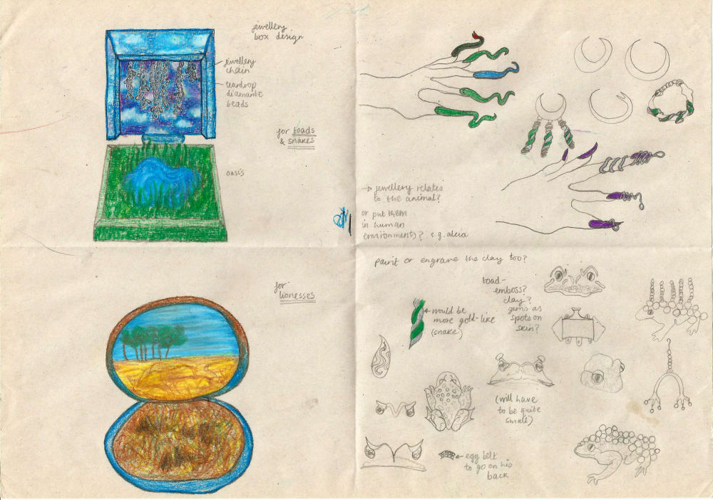 Pencil sketches of nails, jewellery and boxes 