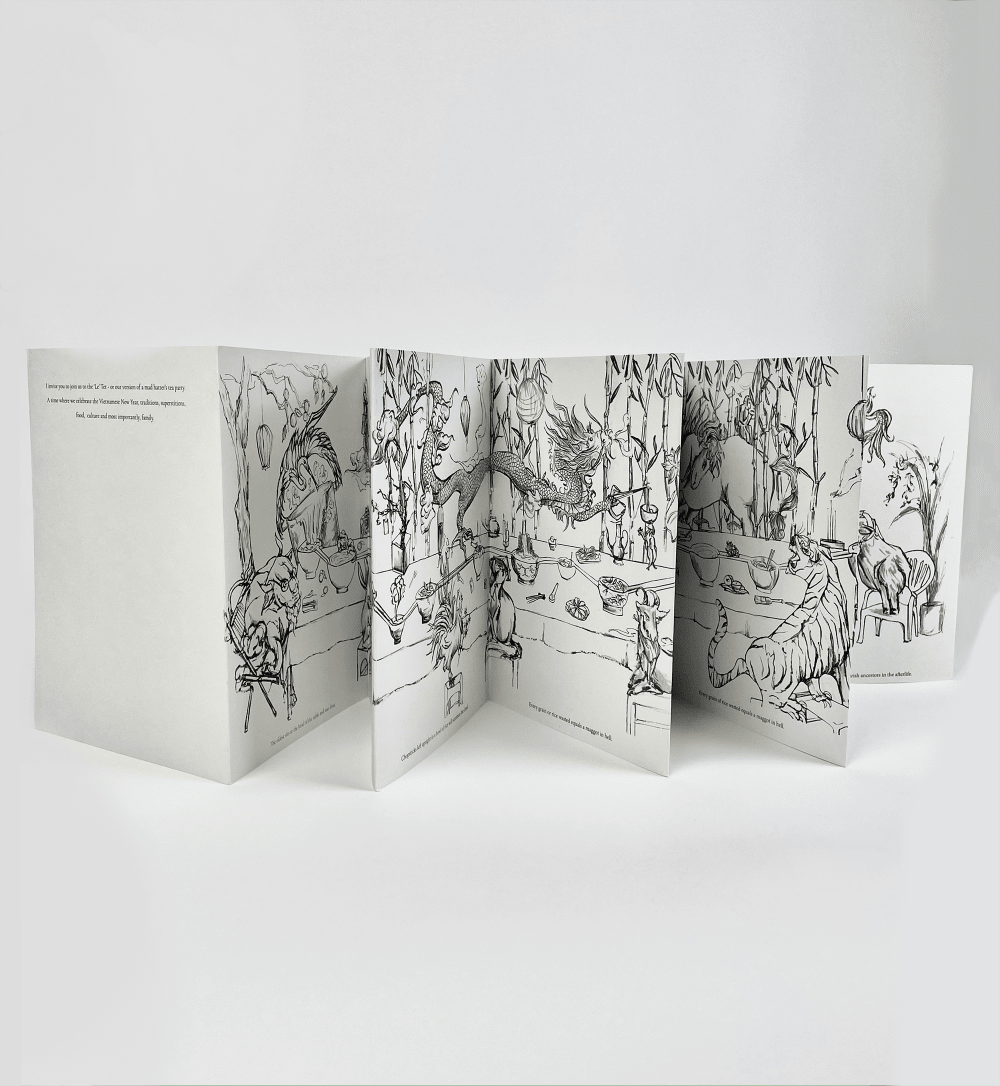 A document, greatly horizontal in length, depicts a scene reminiscent of Oriental art. The material of the art is folded into 9ths, left partially open to allow observation of the work, and stood on the folds, creating a series of panels. The first panel features some text, and the depicted scene begins on the 2nd fold. 