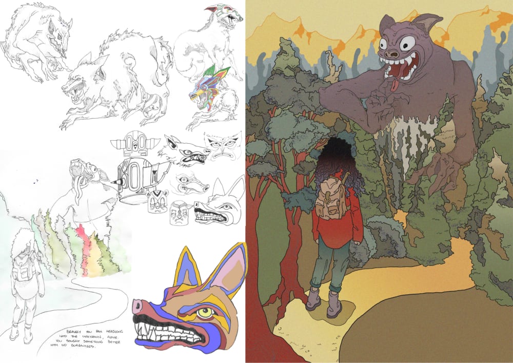 Left illustrations of wolves with girl walking path. Right: Beast hiding in woods with girl walking on path. 
